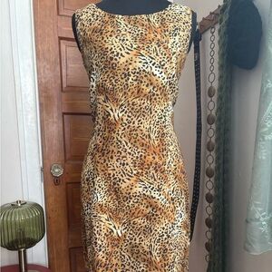 90s Leopard Print Rayon Sheath Dress - Made in USA
